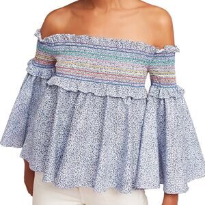 Petersyn Davenport Off The Shoulder Blue Floral Rainbow  Smocked Top Size Small